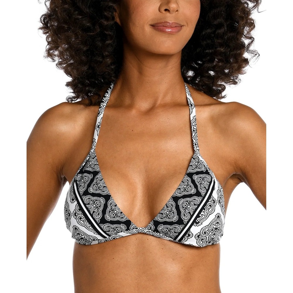 New La Blanca Black White Paisley Tassel Triangle Halter Bikini Top Size 8